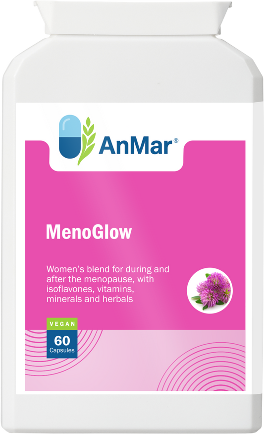 Front view of AnMar™ MenoGlow supplement bottle for menopause support, showing 60 vegan capsules and a blend of vitamins, minerals, and herbals.