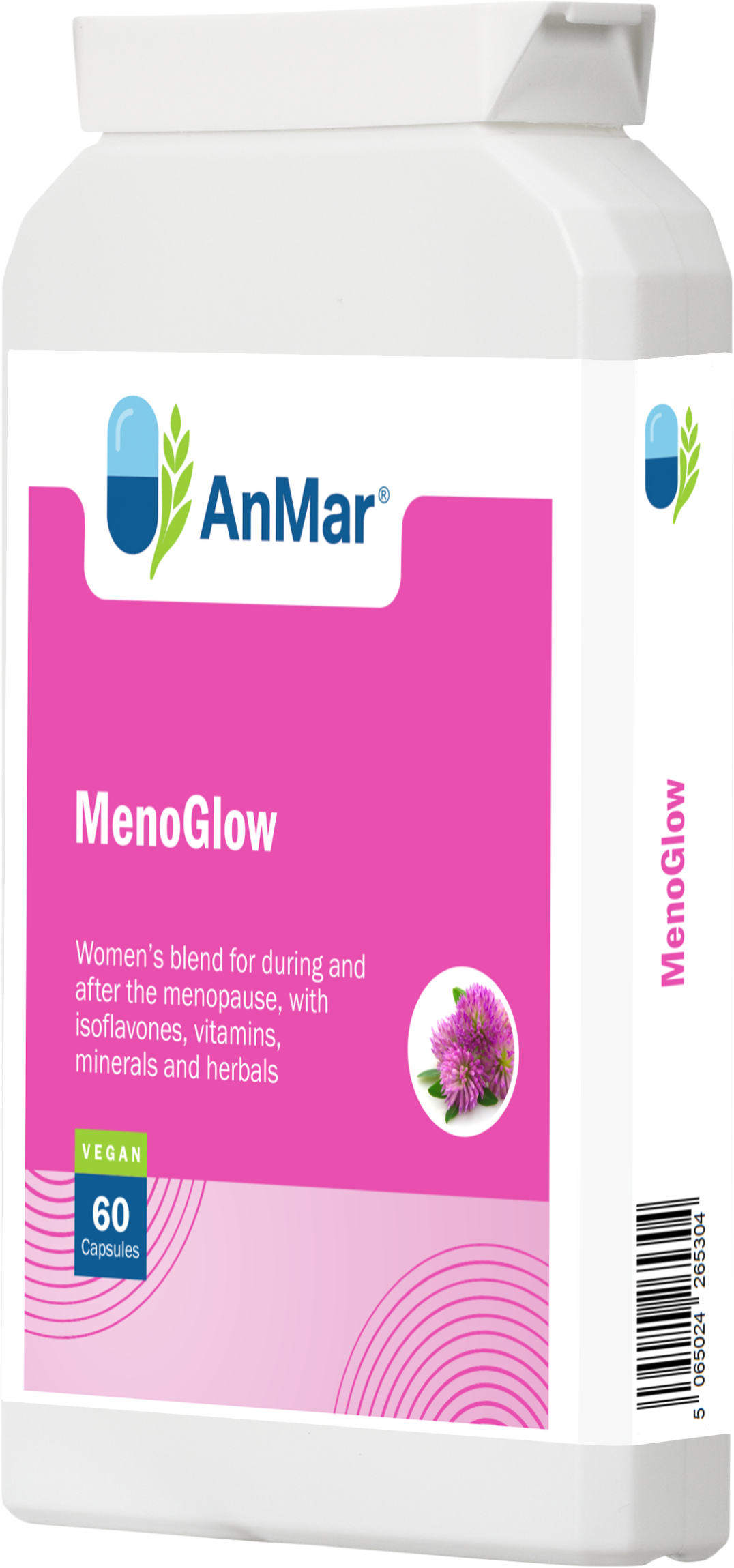 Right side view of AnMar™ MenoGlow bottle showing front label and barcode; women's menopause support formula with 60 vegan capsules.