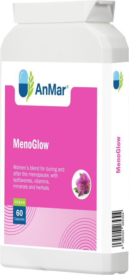 Right side view of AnMar™ MenoGlow bottle showing front label and barcode; women's menopause support formula with 60 vegan capsules.