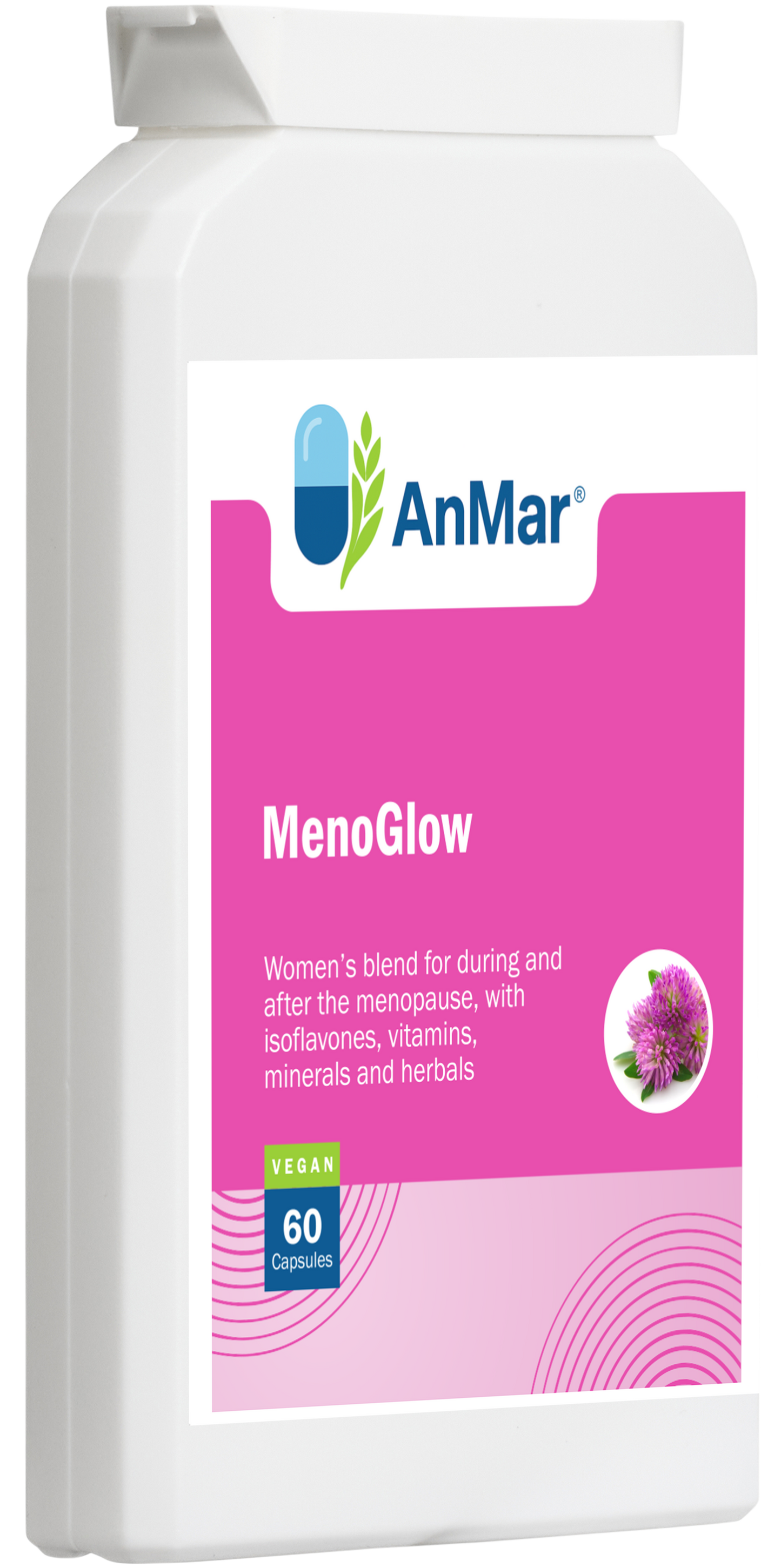 Angled front view of AnMar™ MenoGlow supplement bottle, showing women's menopause support formula with vitamins, minerals, herbal blend, and 60 vegan capsules.