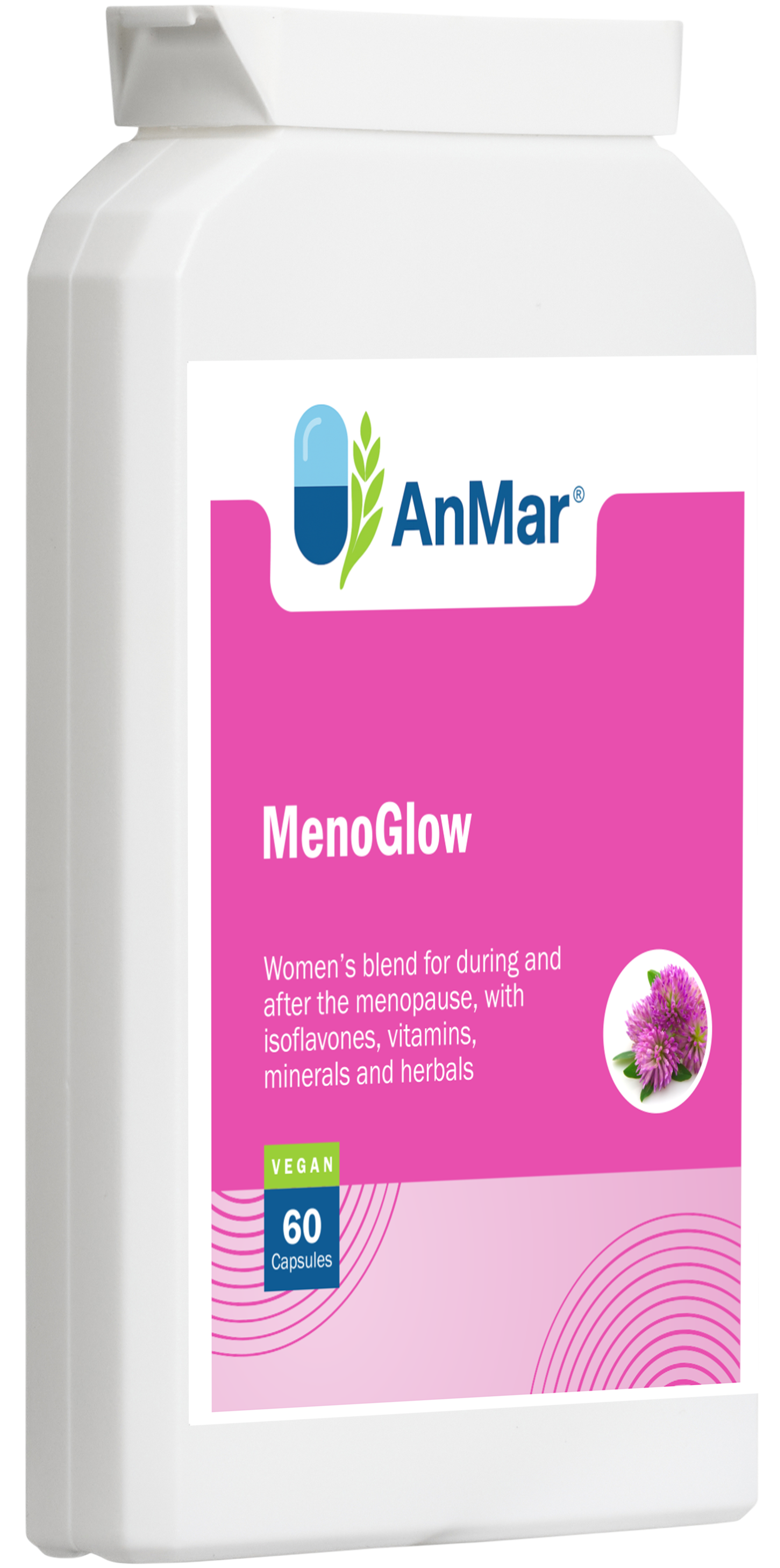Angled front view of AnMar™ MenoGlow supplement bottle, showing women's menopause support formula with vitamins, minerals, herbal blend, and 60 vegan capsules.