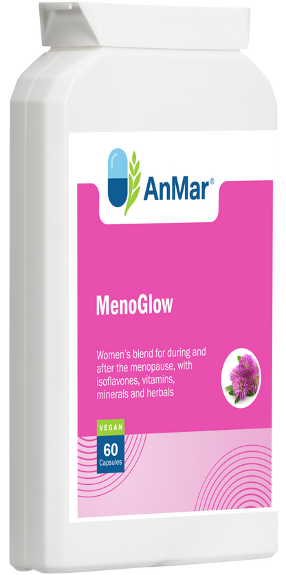 Angled front view of AnMar™ MenoGlow supplement bottle, showing women's menopause support formula with vitamins, minerals, herbal blend, and 60 vegan capsules.