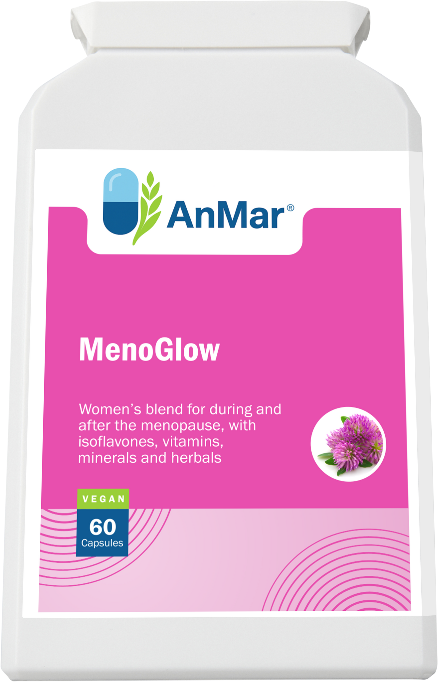 Flat front label of AnMar™ MenoGlow bottle showing menopause support supplement with isoflavones, vitamins, minerals, and herbal blend – 60 vegan capsules.