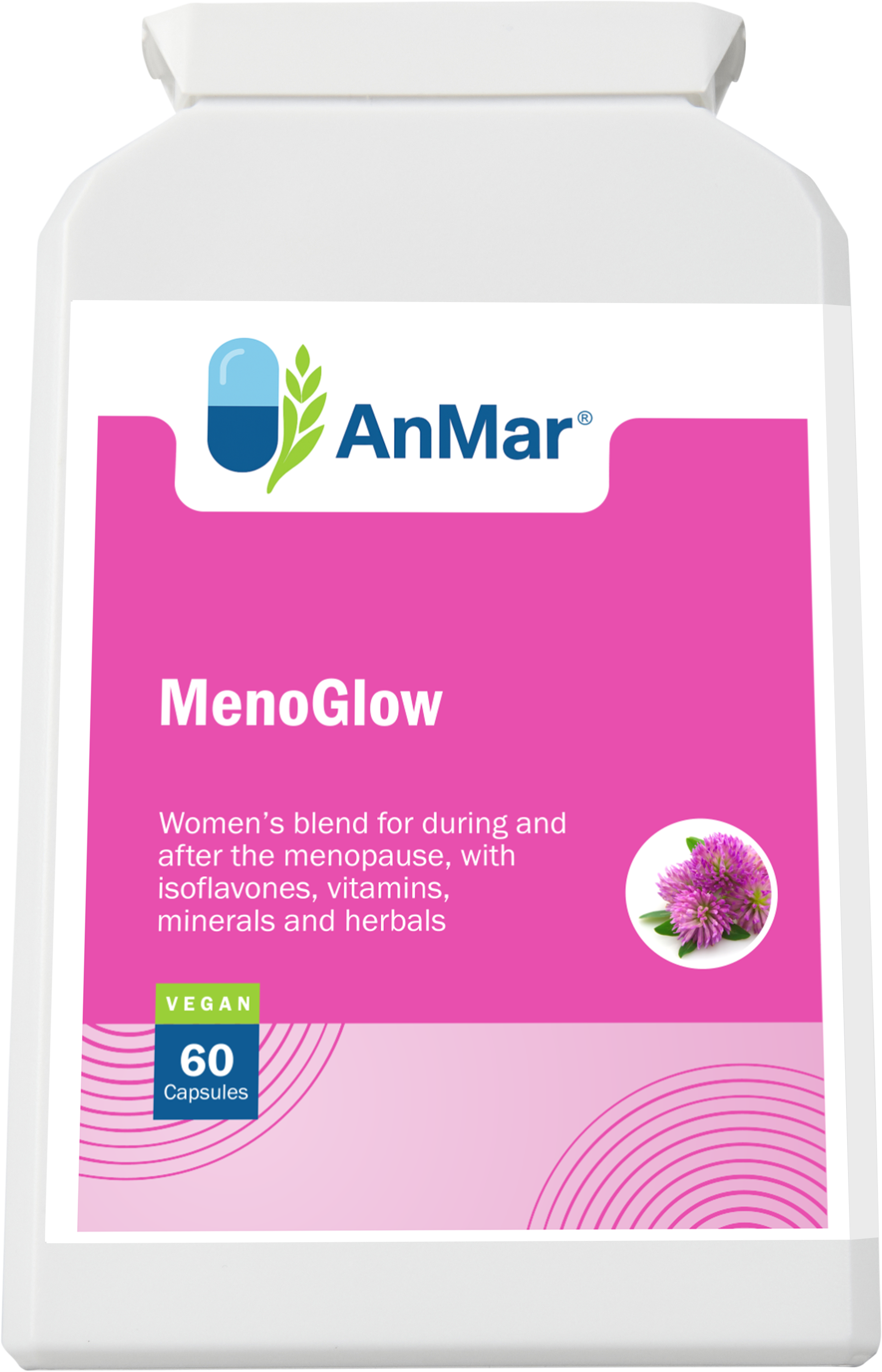 Flat front label of AnMar™ MenoGlow bottle showing menopause support supplement with isoflavones, vitamins, minerals, and herbal blend – 60 vegan capsules.
