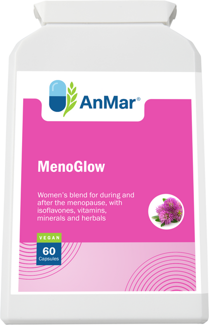 Flat front label of AnMar™ MenoGlow bottle showing menopause support supplement with isoflavones, vitamins, minerals, and herbal blend – 60 vegan capsules.