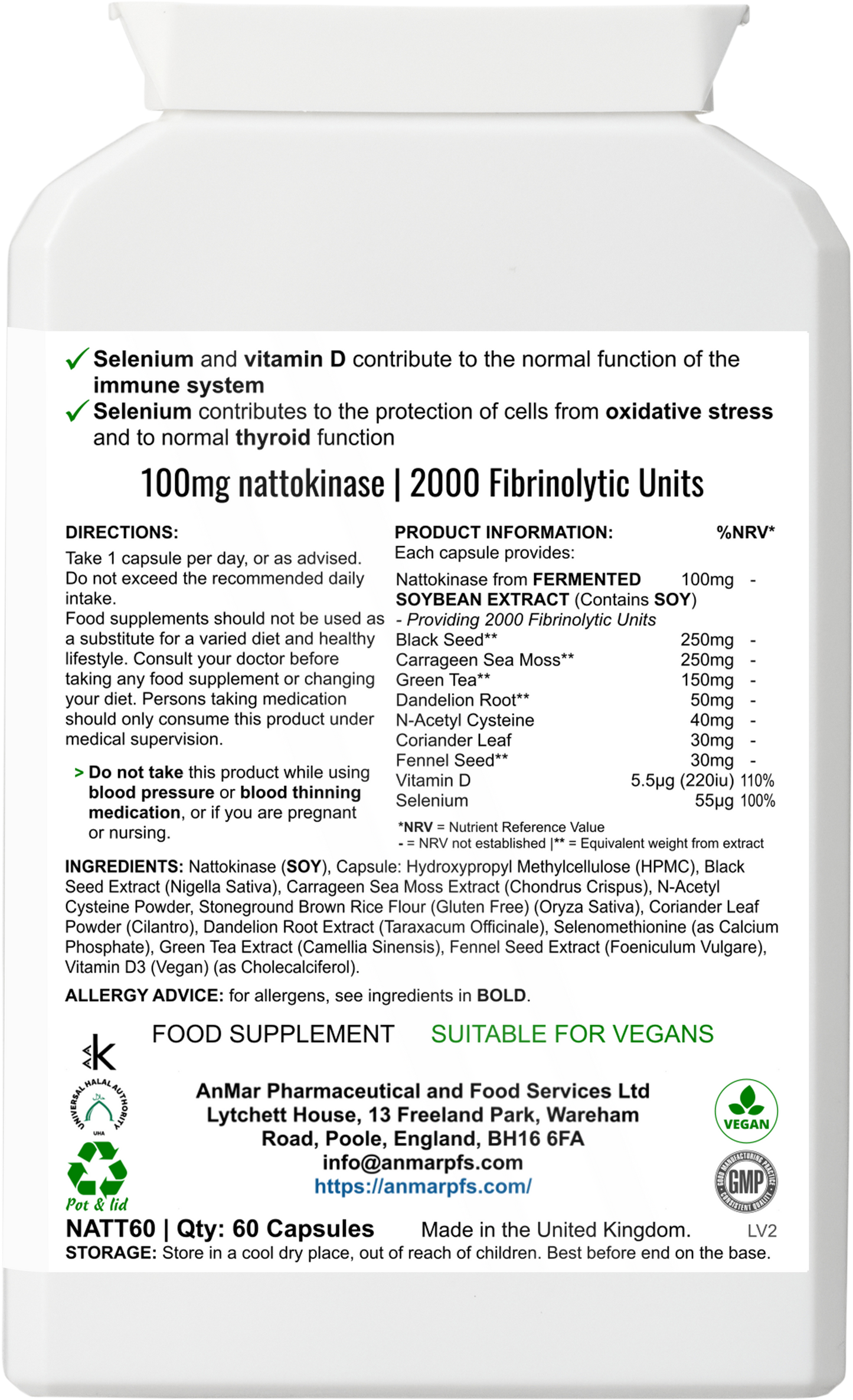 Back of AnMar™ Nattokinase Complex bottle showing supplement facts, usage directions, and vegan-friendly certification.