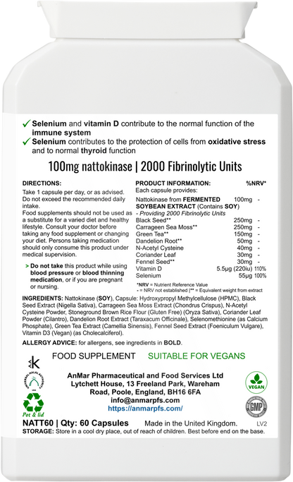 Back of AnMar™ Nattokinase Complex bottle showing supplement facts, usage directions, and vegan-friendly certification.