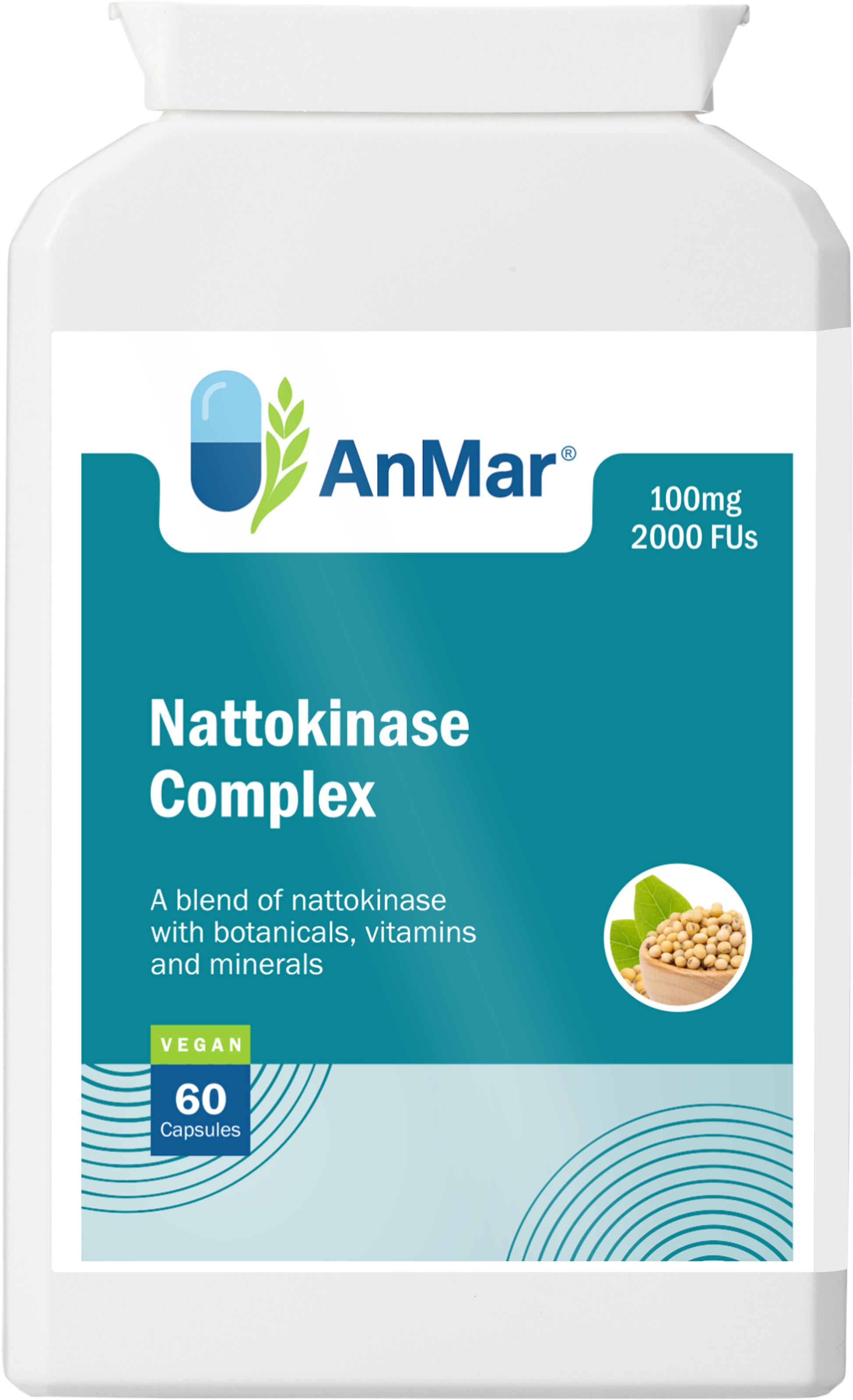 Front label of AnMar™ Nattokinase Complex showing 100mg potency, 2000 FUs per capsule, and key features including botanicals, vitamins, and minerals.