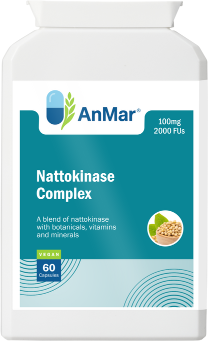 Front label of AnMar™ Nattokinase Complex showing 100mg potency, 2000 FUs per capsule, and key features including botanicals, vitamins, and minerals.