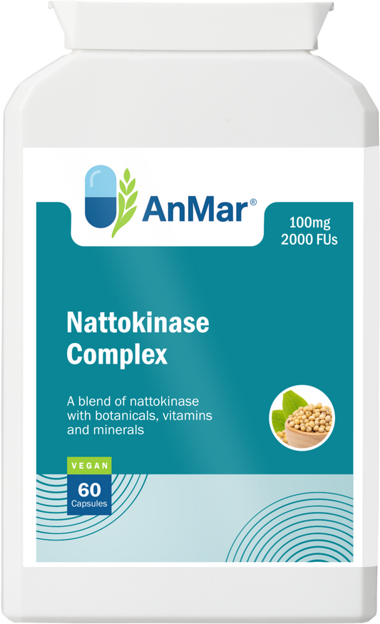 Front label of AnMar™ Nattokinase Complex showing 100mg potency, 2000 FUs per capsule, and key features including botanicals, vitamins, and minerals.