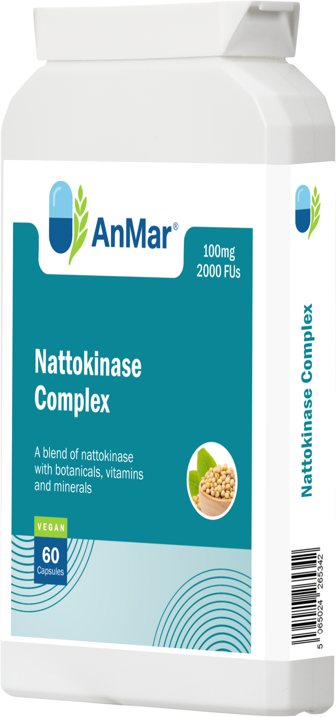 Angled front-right view of AnMar™ Nattokinase Complex bottle showing product label with soy graphic and barcode edge.