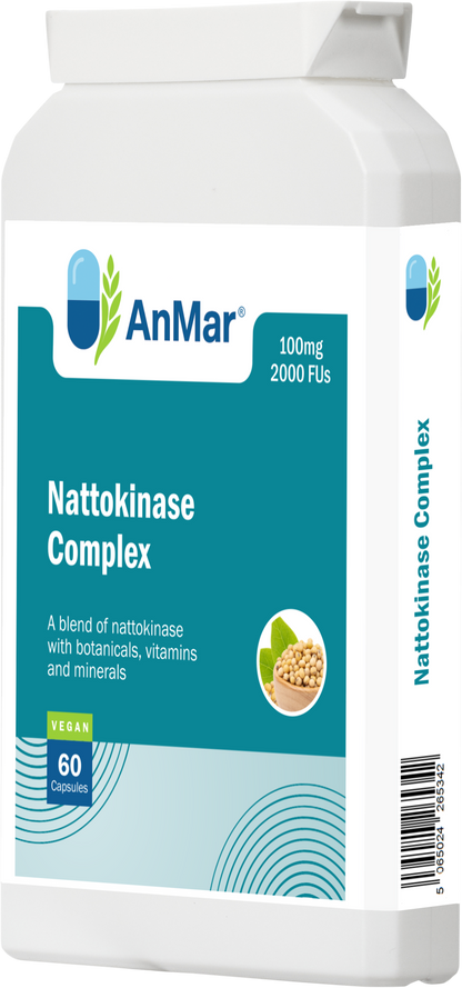 Angled front-right view of AnMar™ Nattokinase Complex bottle showing product label with soy graphic and barcode edge.