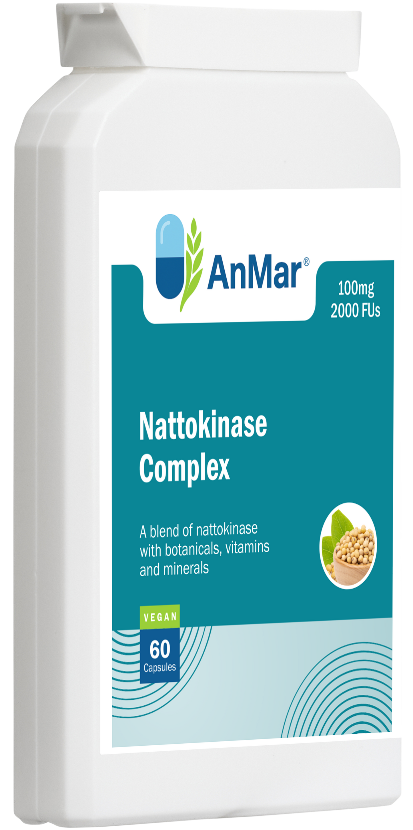 Left-angled product view of AnMar™ Nattokinase Complex showing 60 vegan capsules with 100mg nattokinase and 2000 FUs per serving.
