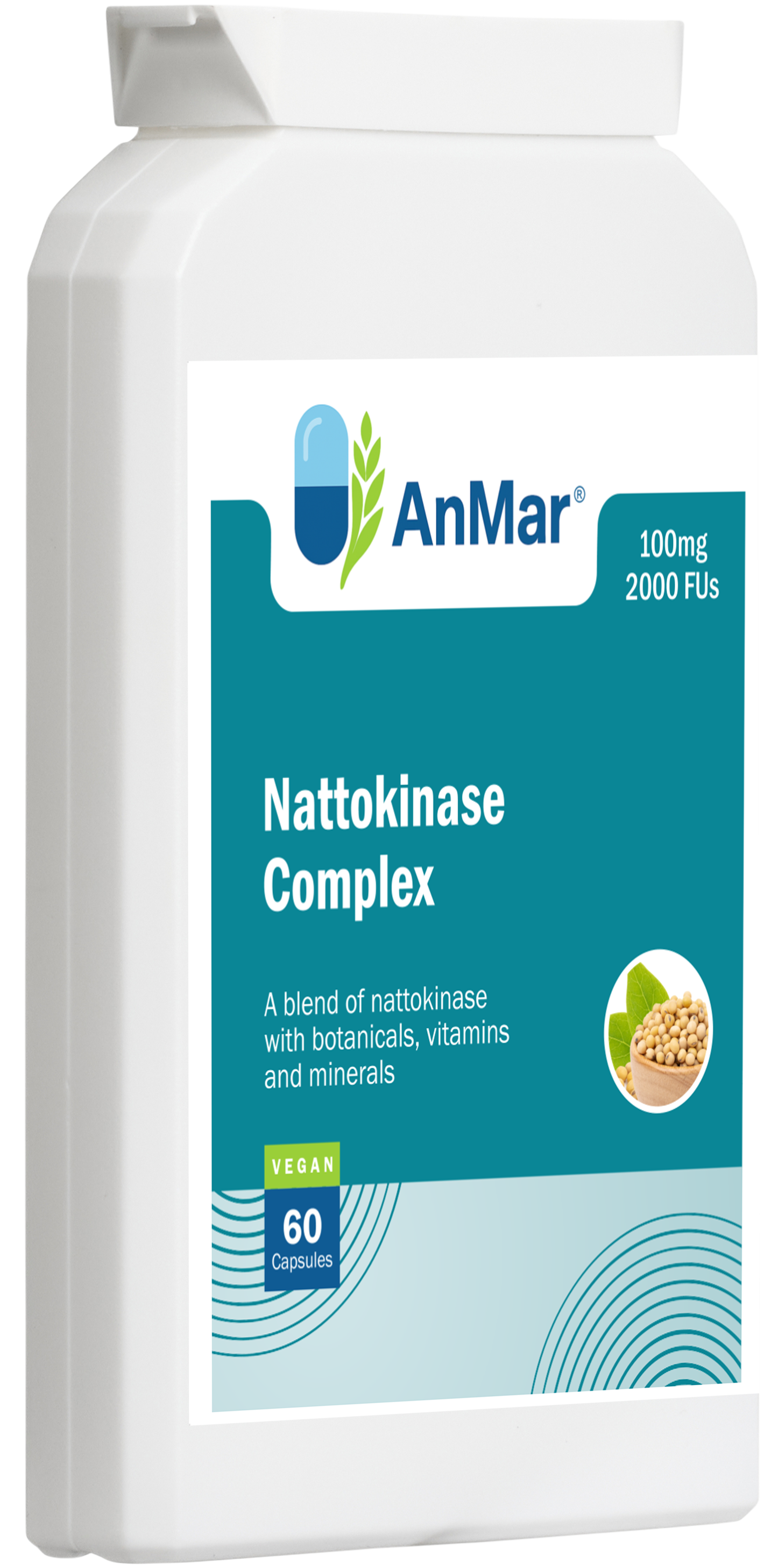 Left-angled product view of AnMar™ Nattokinase Complex showing 60 vegan capsules with 100mg nattokinase and 2000 FUs per serving.