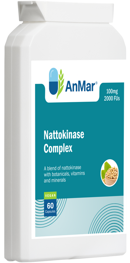 Left-angled product view of AnMar™ Nattokinase Complex showing 60 vegan capsules with 100mg nattokinase and 2000 FUs per serving.