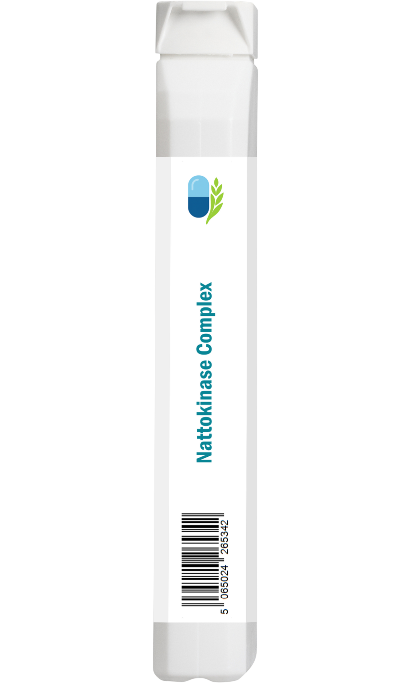 Side view of AnMar™ Nattokinase Complex bottle showing vertical barcode and white label.