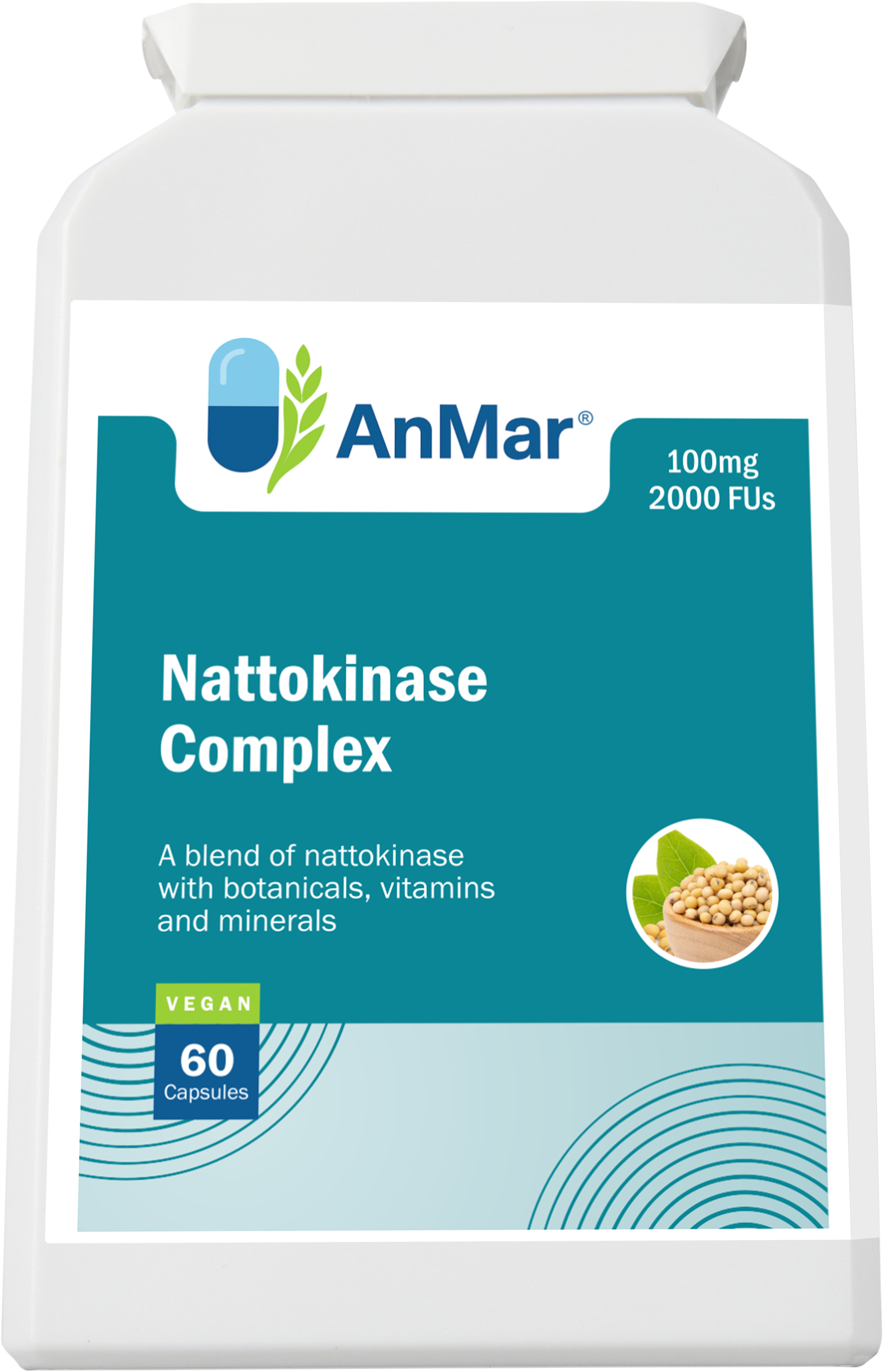 Angled front view of AnMar™ Nattokinase Complex showing 100mg strength, 2000 FUs per capsule, and vegan-friendly formula with botanicals, vitamins, and minerals.