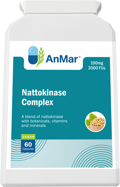 Angled front view of AnMar™ Nattokinase Complex showing 100mg strength, 2000 FUs per capsule, and vegan-friendly formula with botanicals, vitamins, and minerals.