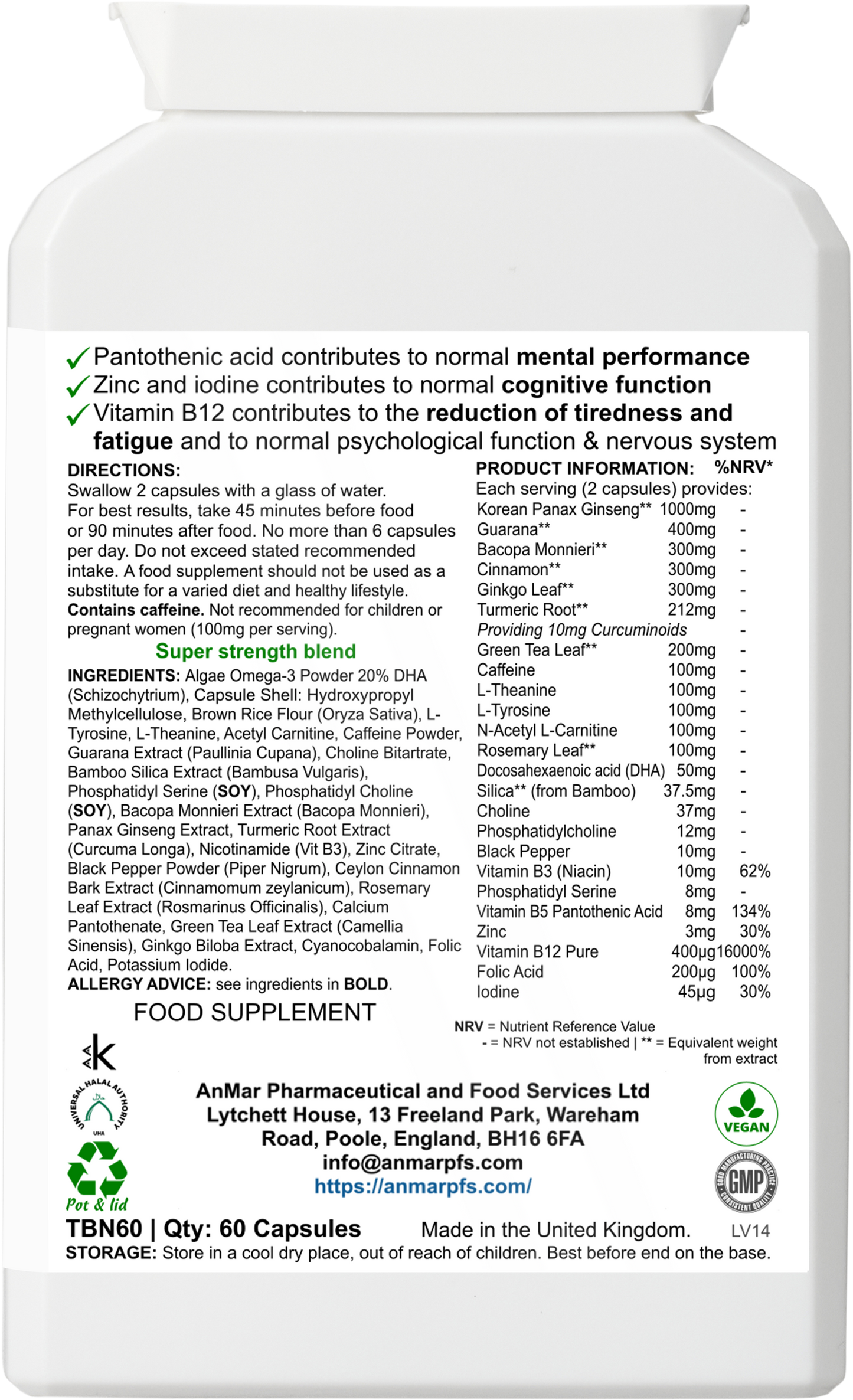 Rear label of AnMar™ NeuroPulse bottle showing full ingredient list, nutritional values, suggested use, and health claims for brain and cognitive support.