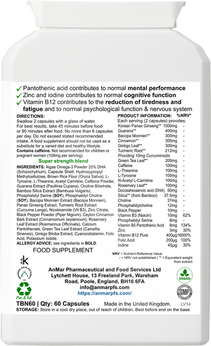 Rear label of AnMar™ NeuroPulse bottle showing full ingredient list, nutritional values, suggested use, and health claims for brain and cognitive support.
