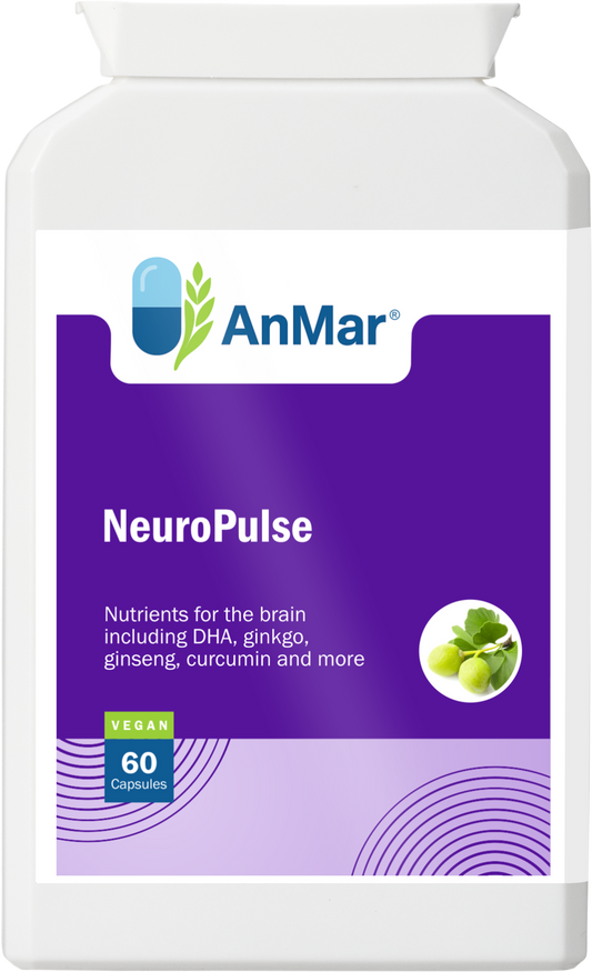 Front-facing image of AnMar™ NeuroPulse bottle with 60 vegan capsules, supporting brain health with DHA, ginkgo, ginseng, and curcumin.