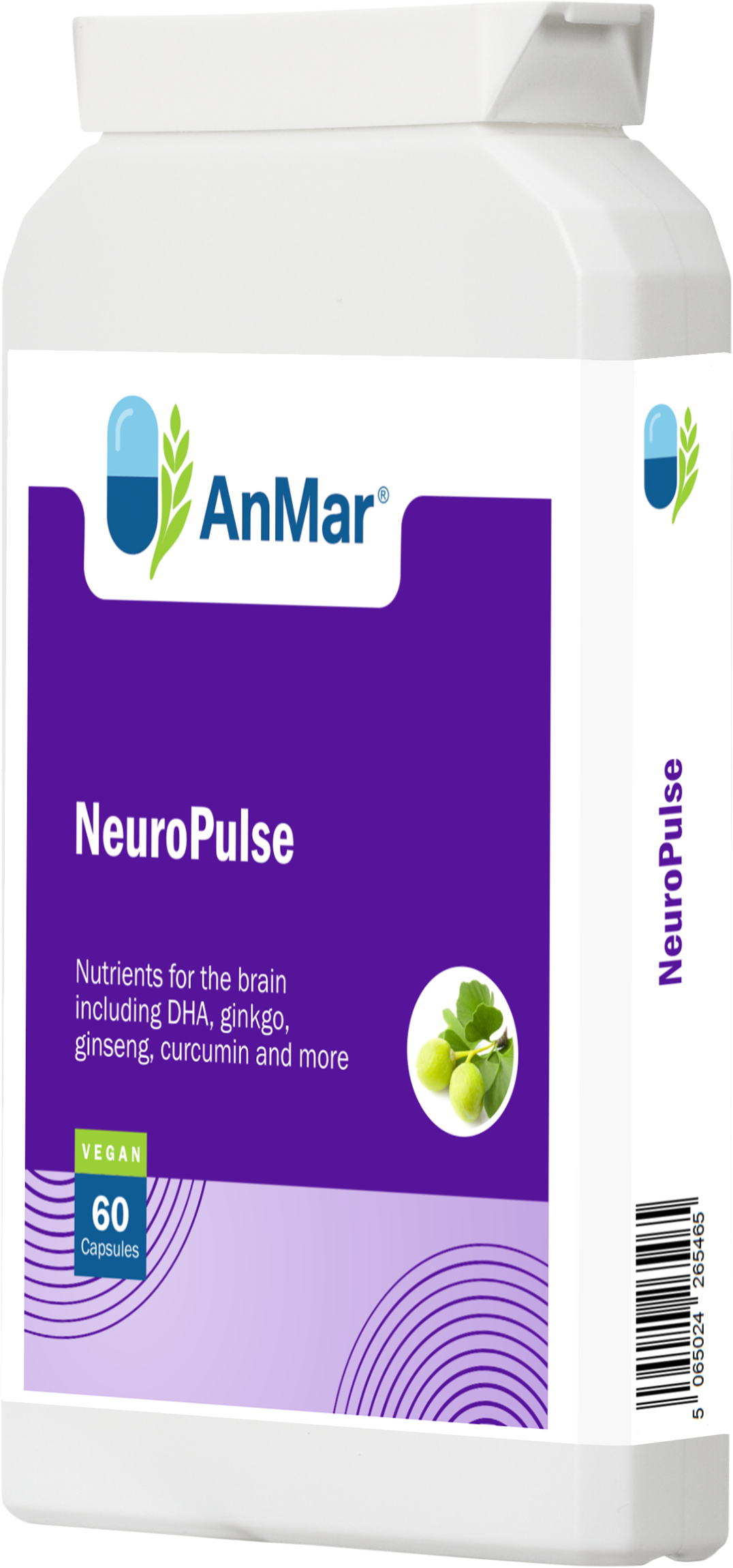 Front-side view of AnMar™ NeuroPulse vegan supplement bottle showing product label for brain health support with DHA, ginkgo, ginseng, and curcumin.