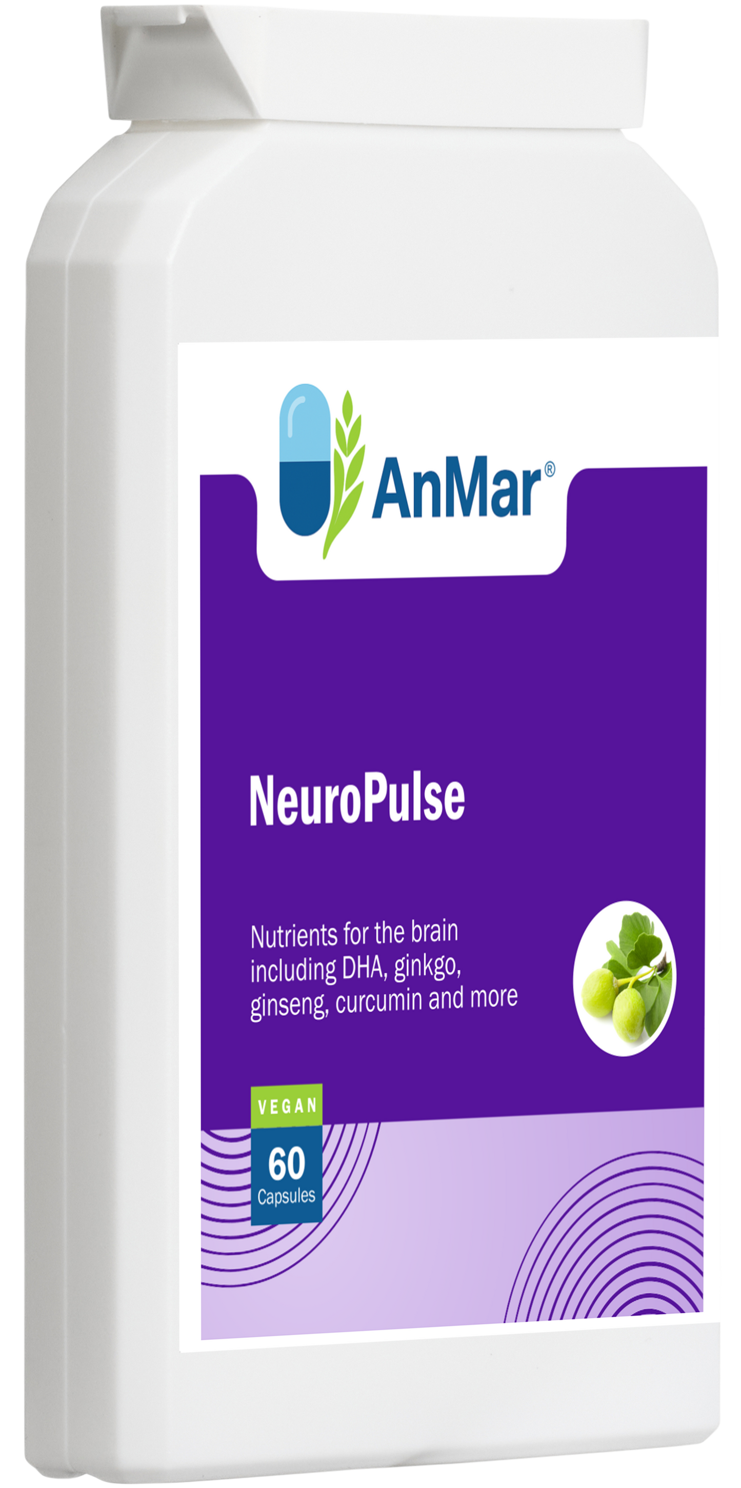Angled view of AnMar™ NeuroPulse supplement bottle featuring blue label with brain support benefits, vegan status, and 60 capsules per pack.