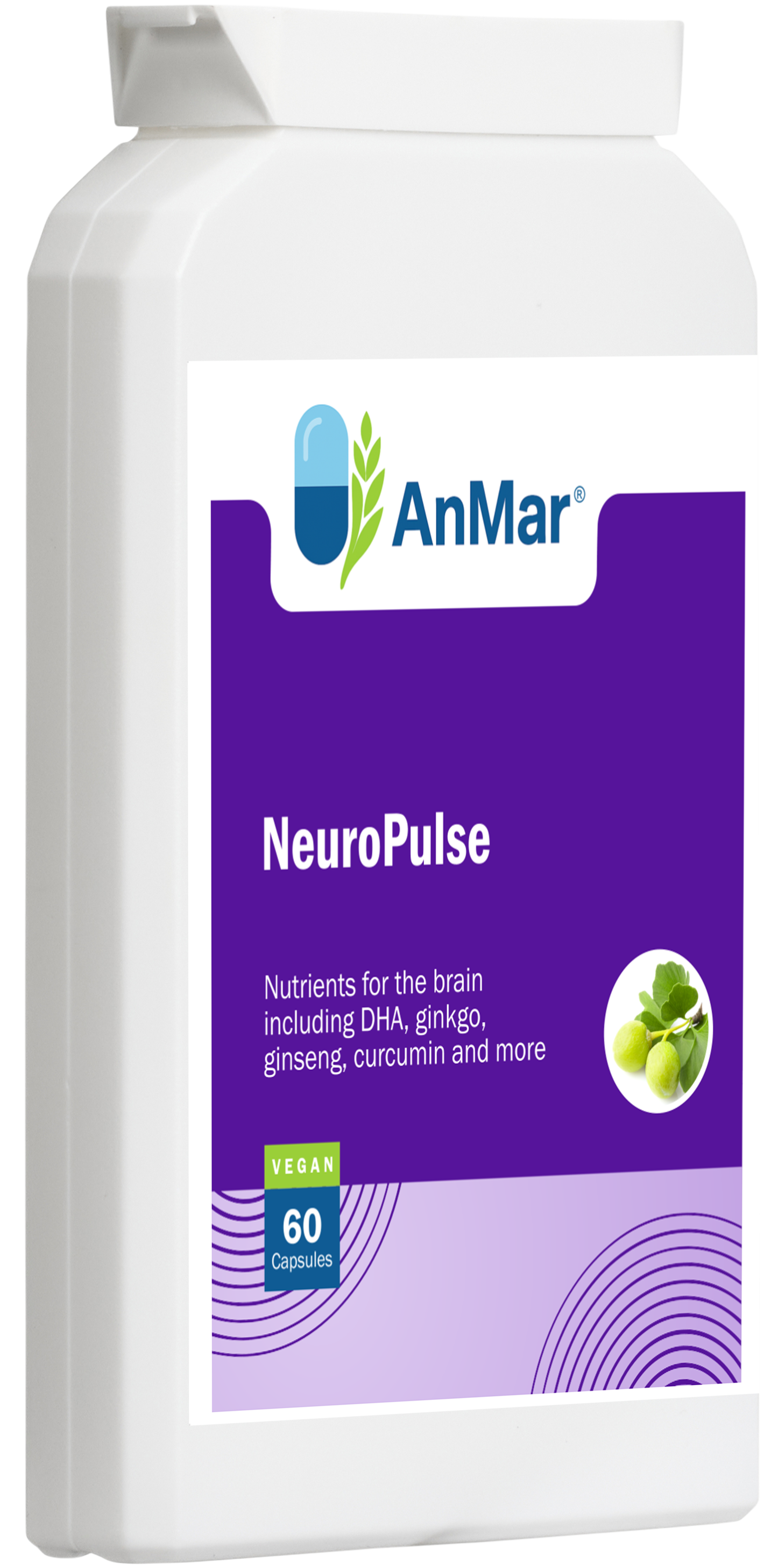 Angled view of AnMar™ NeuroPulse supplement bottle featuring blue label with brain support benefits, vegan status, and 60 capsules per pack.