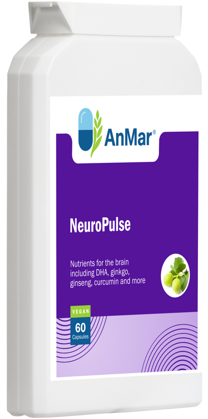 Angled view of AnMar™ NeuroPulse supplement bottle featuring blue label with brain support benefits, vegan status, and 60 capsules per pack.