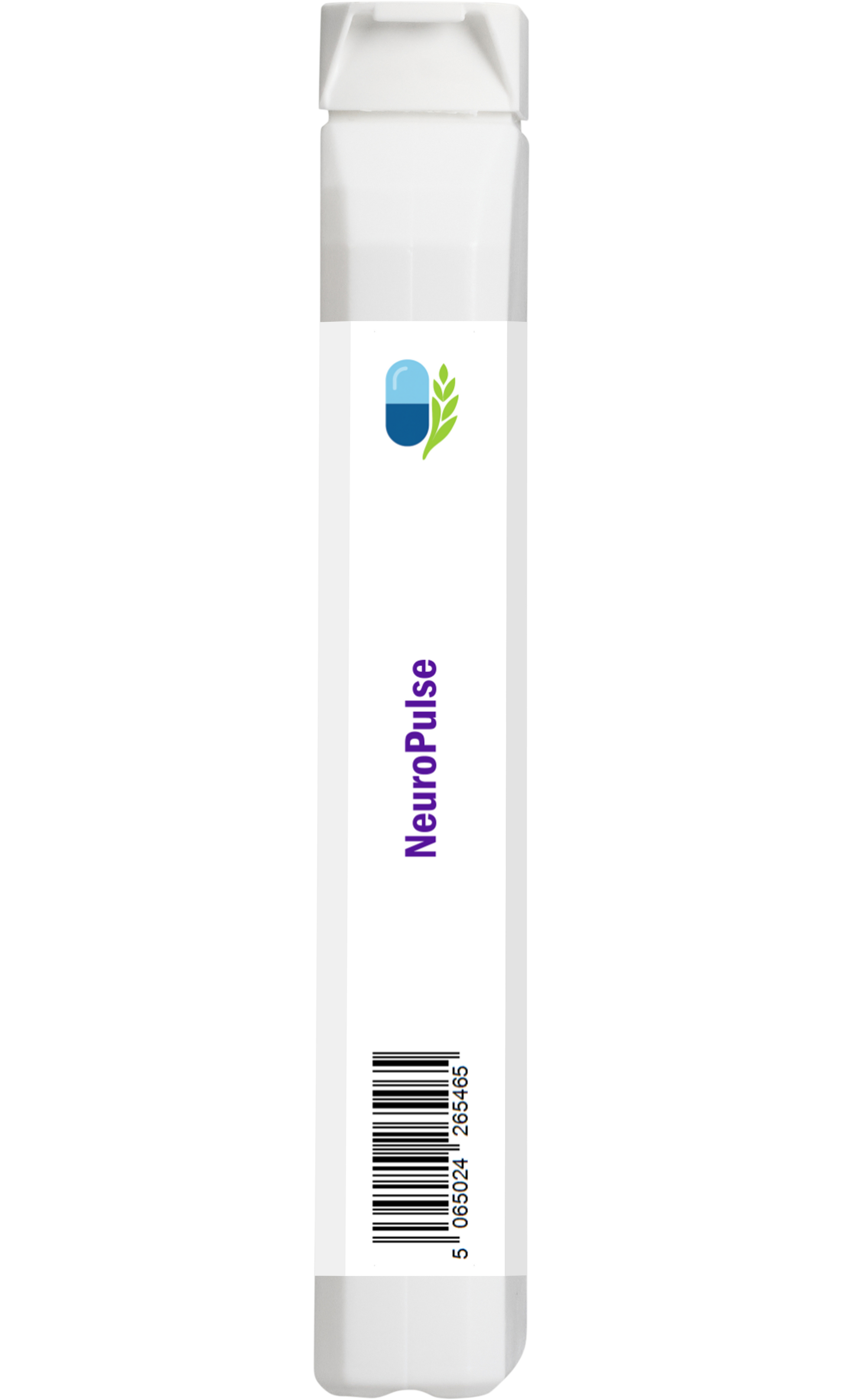 Side view of AnMar™ NeuroPulse supplement bottle showing barcode label and white packaging panel.