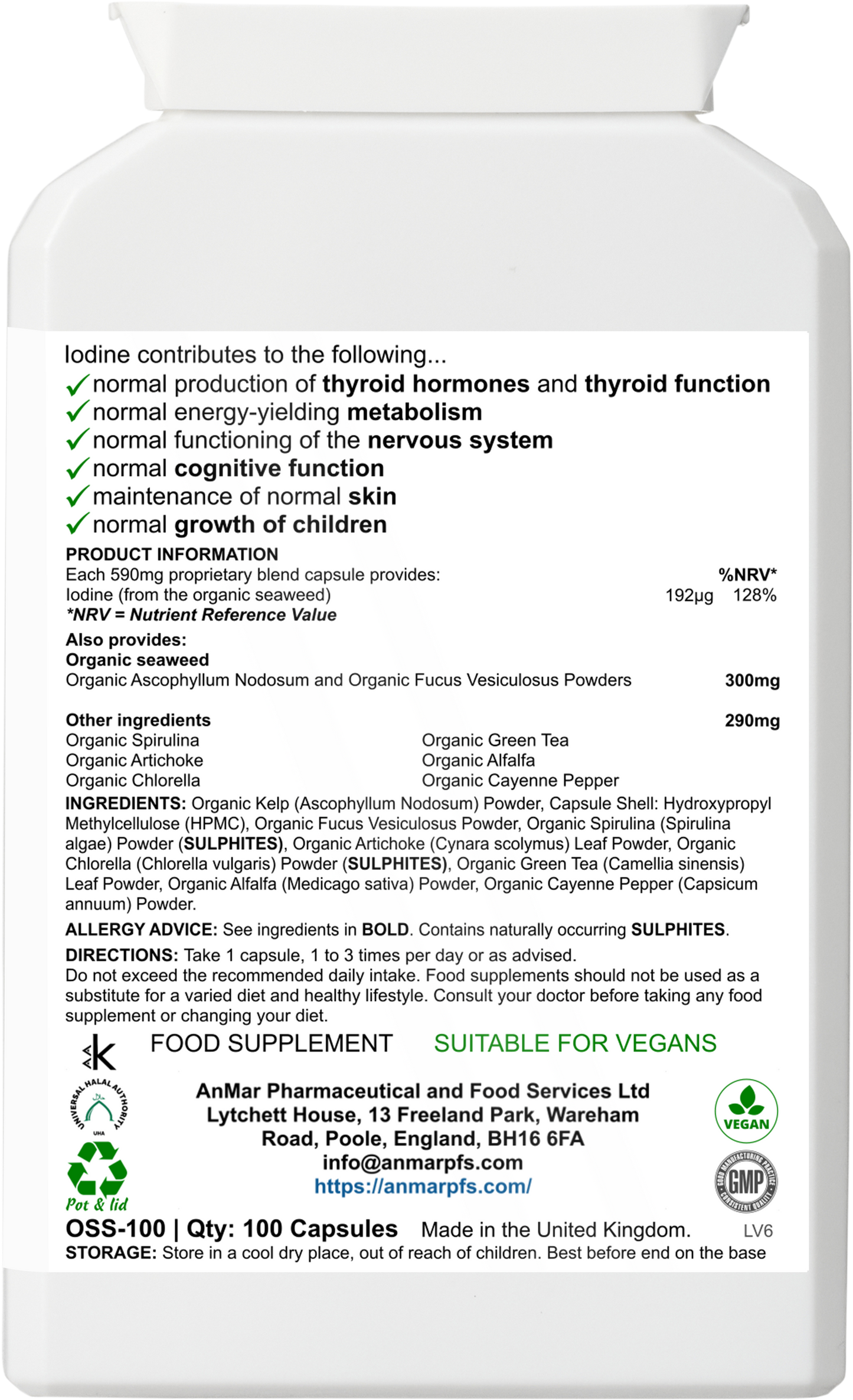 Back label of AnMar™ OceanEarth Organic supplement showing nutritional information, ingredients including organic kelp, chlorella, green tea, cayenne, and ashwagandha, plus iodine content and suitability for vegans.