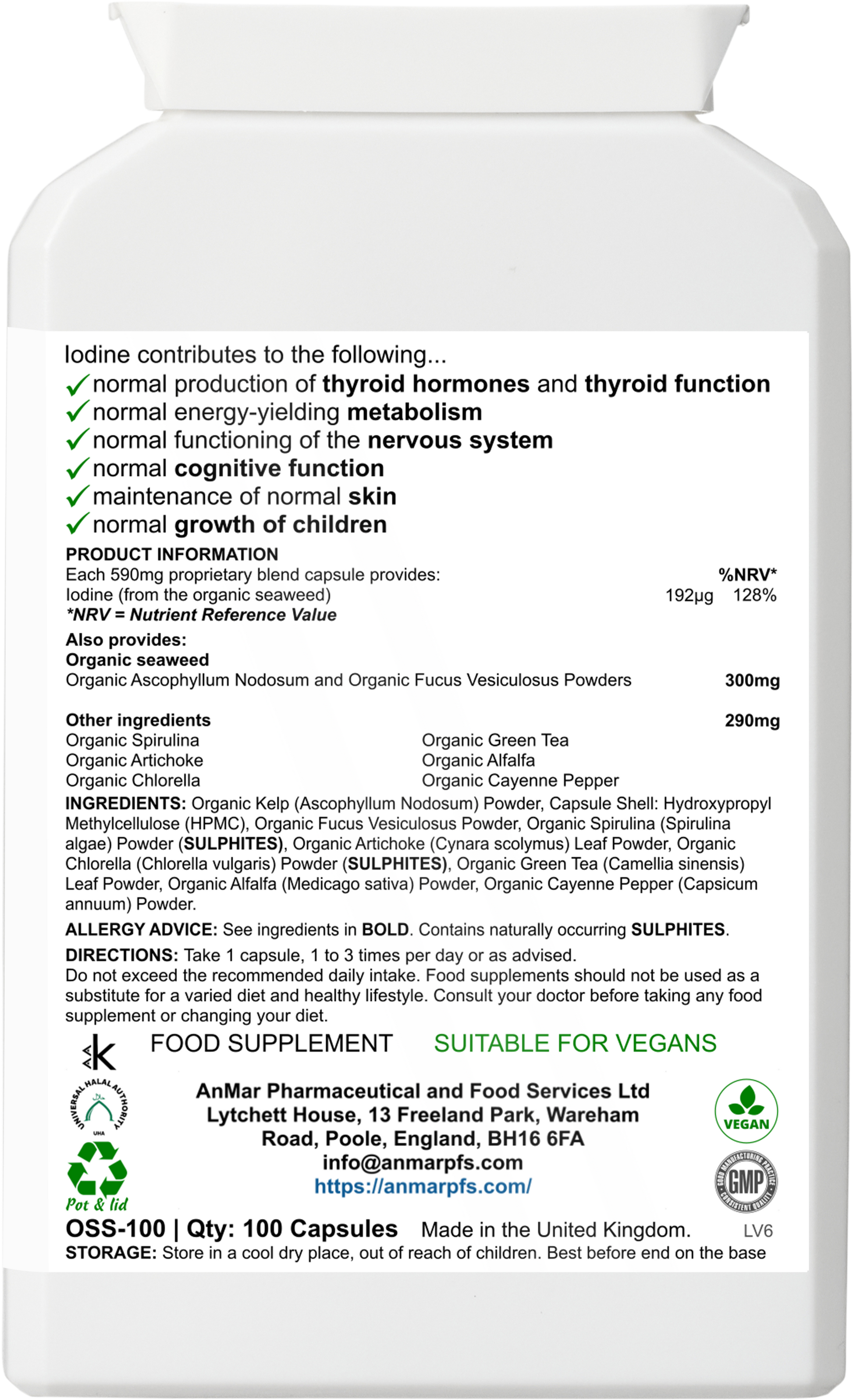 Back label of AnMar™ OceanEarth Organic supplement showing nutritional information, ingredients including organic kelp, chlorella, green tea, cayenne, and ashwagandha, plus iodine content and suitability for vegans.