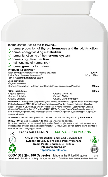 Back label of AnMar™ OceanEarth Organic supplement showing nutritional information, ingredients including organic kelp, chlorella, green tea, cayenne, and ashwagandha, plus iodine content and suitability for vegans.