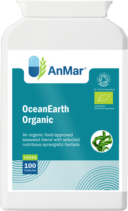 Front-facing image of AnMar™ OceanEarth Organic supplement bottle with organic seaweed blend, vegan label, and certified organic logos.