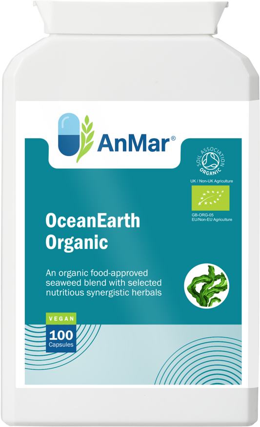 Front-facing image of AnMar™ OceanEarth Organic supplement bottle with organic seaweed blend, vegan label, and certified organic logos.