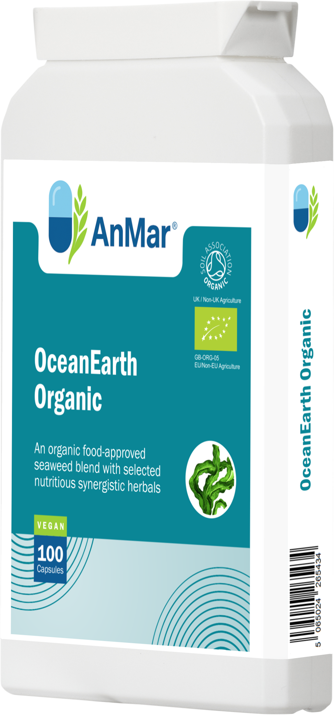 Side view of AnMar™ OceanEarth Organic supplement bottle featuring 100 vegan capsules with organic seaweed and synergistic herbs, certified by UK Soil Association and EU Organic.