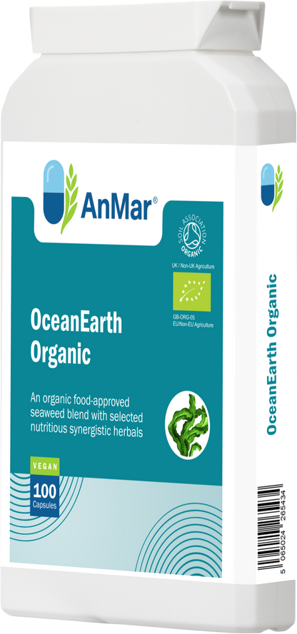 Side view of AnMar™ OceanEarth Organic supplement bottle featuring 100 vegan capsules with organic seaweed and synergistic herbs, certified by UK Soil Association and EU Organic.