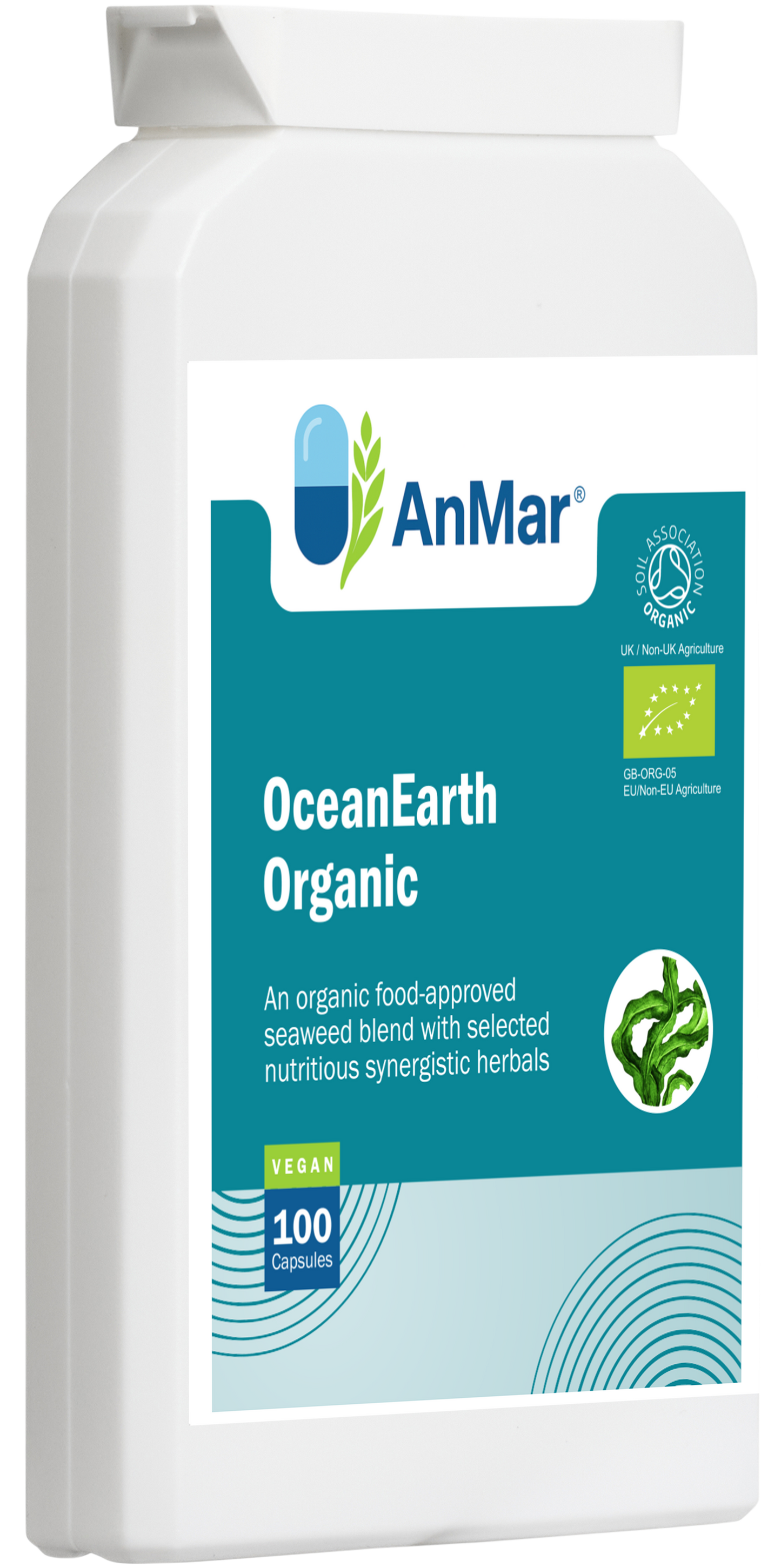 Angled view of AnMar™ OceanEarth Organic supplement bottle, showing front label with vegan certification and organic seaweed and herbal complex branding.