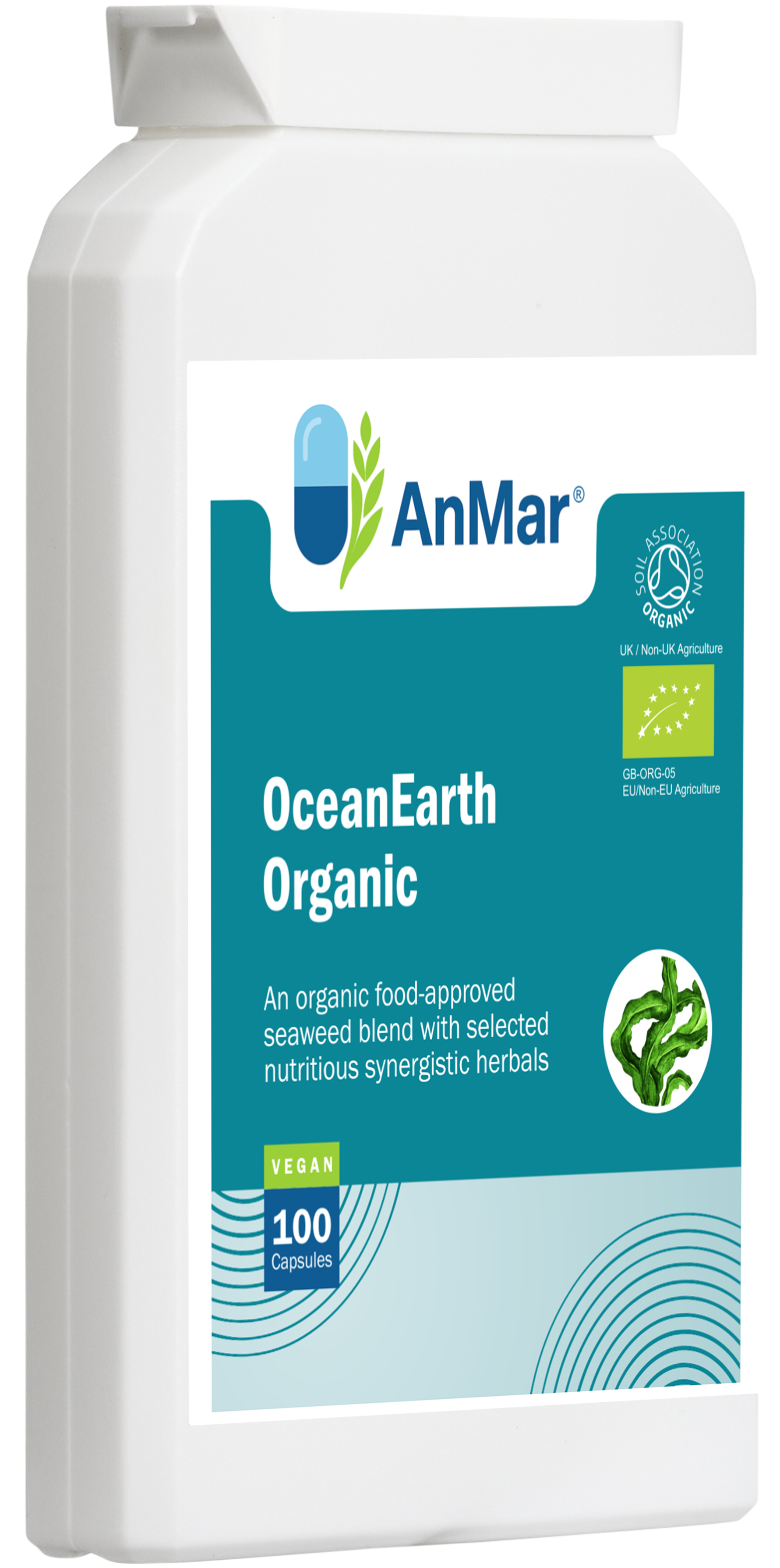 Angled view of AnMar™ OceanEarth Organic supplement bottle, showing front label with vegan certification and organic seaweed and herbal complex branding.
