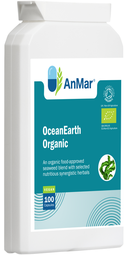 Angled view of AnMar™ OceanEarth Organic supplement bottle, showing front label with vegan certification and organic seaweed and herbal complex branding.