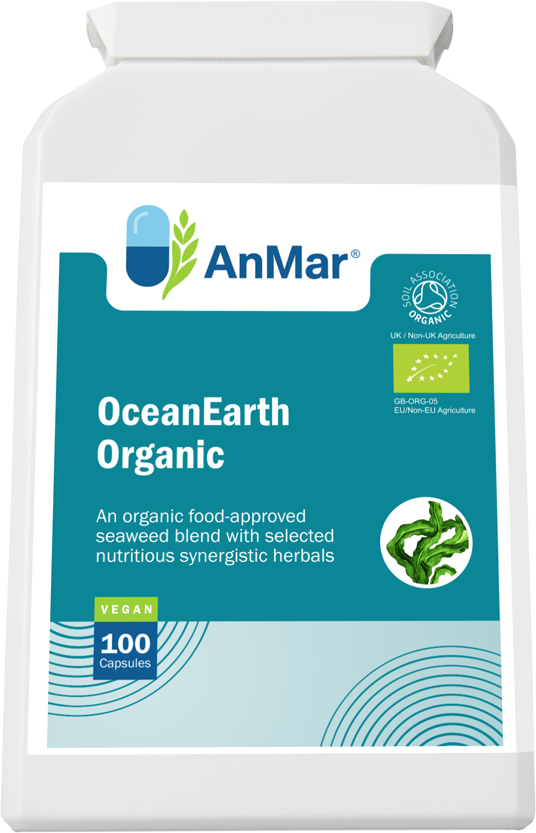 Top-front angled view of AnMar™ OceanEarth Organic supplement bottle featuring vegan and organic certification labels with seaweed blend branding.