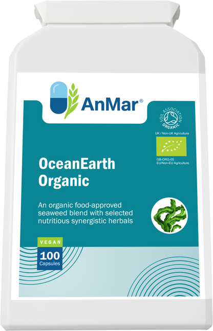 Top-front angled view of AnMar™ OceanEarth Organic supplement bottle featuring vegan and organic certification labels with seaweed blend branding.