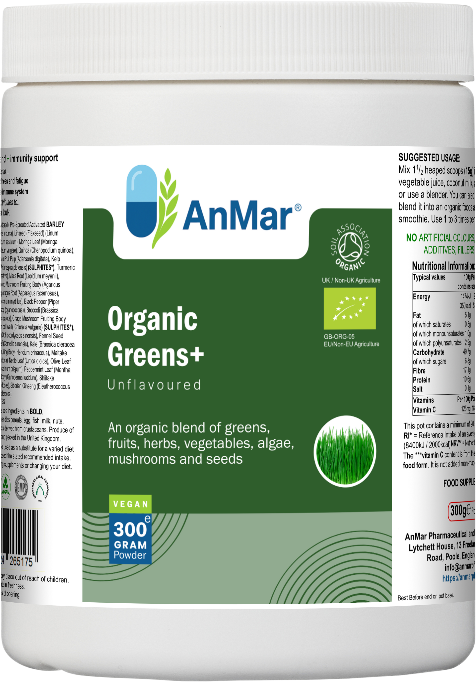 Front label of AnMar™ Organic Greens+ 300g vegan powder tub showing product name, organic certification, and benefits of a superfood blend of greens, fruits, herbs, vegetables, algae, and seeds.