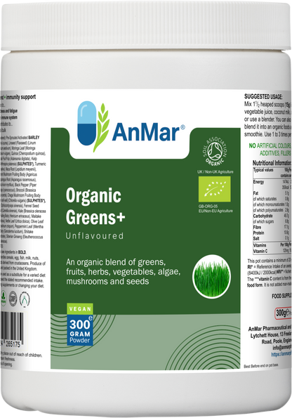 Front label of AnMar™ Organic Greens+ 300g vegan powder tub showing product name, organic certification, and benefits of a superfood blend of greens, fruits, herbs, vegetables, algae, and seeds.