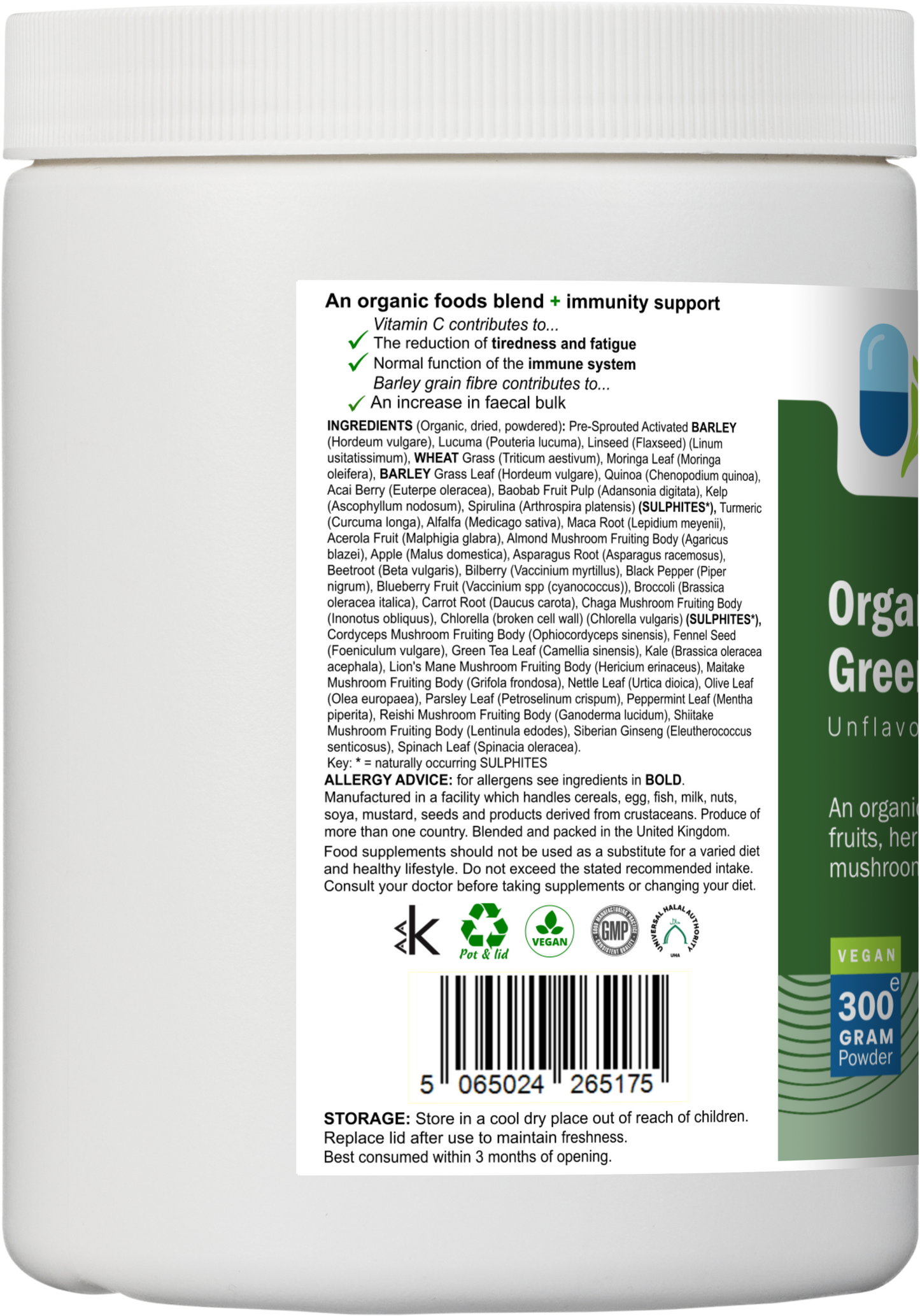Left side of AnMar™ Organic Greens+ 300g tub displaying full ingredient list, allergy advice, certifications, storage instructions, and product barcode.
