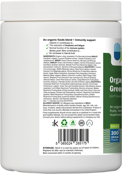 Left side of AnMar™ Organic Greens+ 300g tub displaying full ingredient list, allergy advice, certifications, storage instructions, and product barcode.