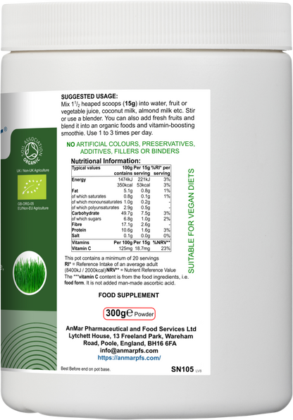 Right side of AnMar™ Organic Greens+ 300g tub showing suggested usage, nutritional information panel, vegan suitability, and powder weight label.