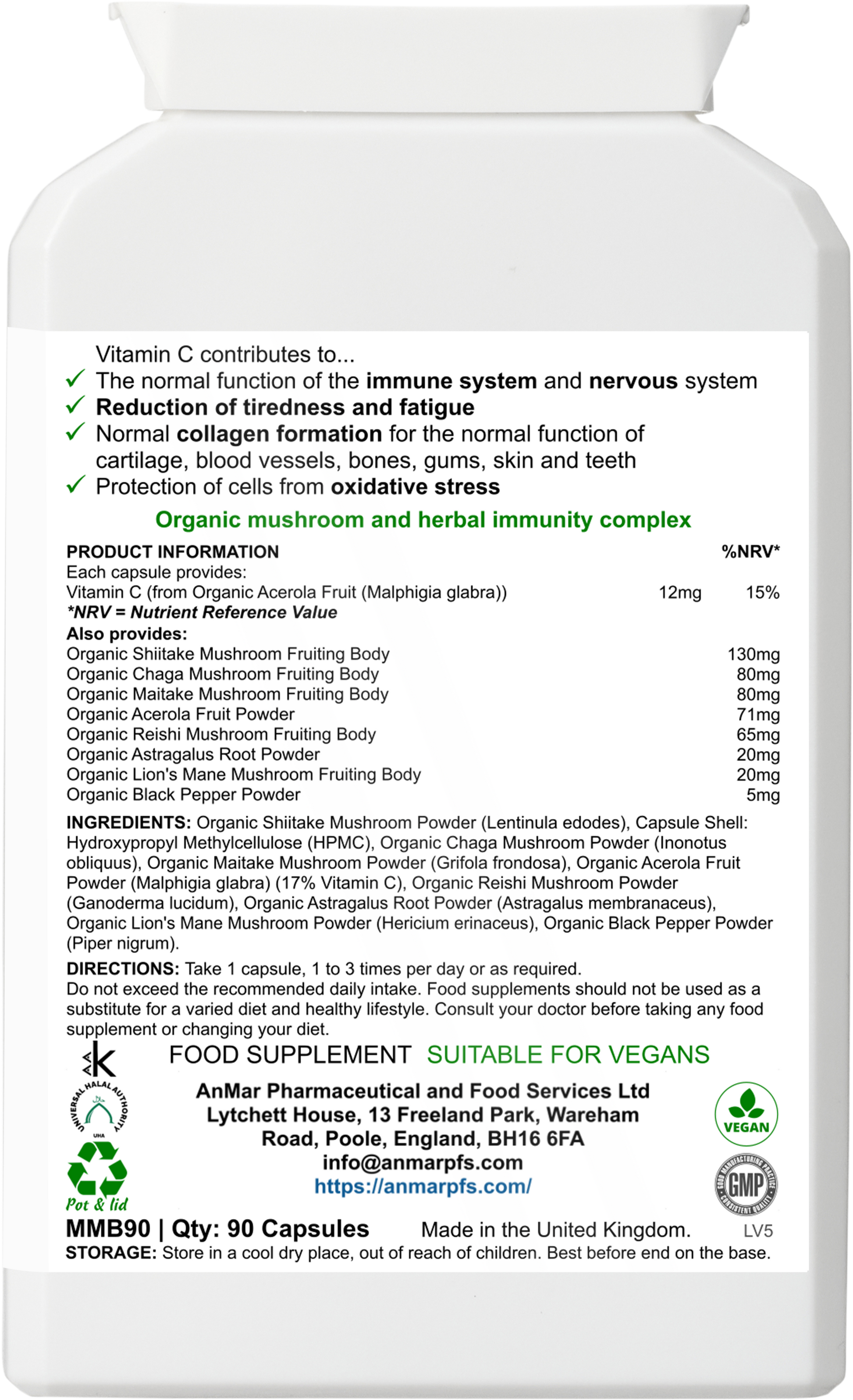 Back label of AnMar™ Organic Mushroom Fusion showing ingredients, nutritional information, usage directions, and vegan certification. Highlights organic mushroom blend with acerola, astragalus, and black pepper for immune support.