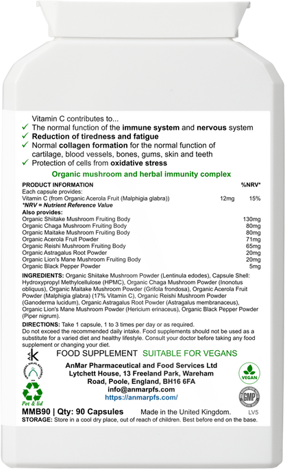 Back label of AnMar™ Organic Mushroom Fusion showing ingredients, nutritional information, usage directions, and vegan certification. Highlights organic mushroom blend with acerola, astragalus, and black pepper for immune support.