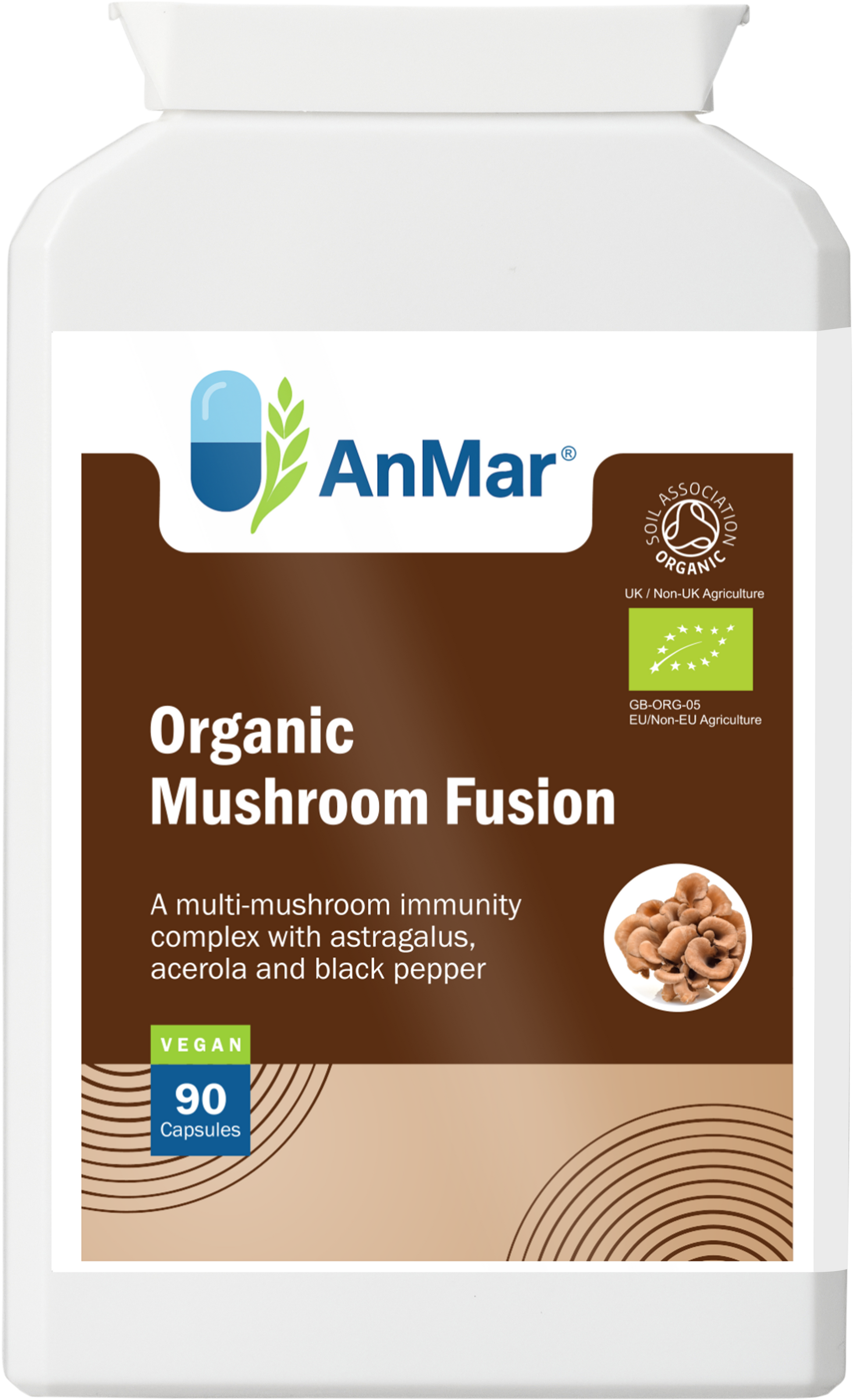Front label of AnMar™ Organic Mushroom Fusion supplement bottle with 90 vegan capsules, featuring certified organic ingredients including mushrooms, astragalus, acerola, and black pepper.